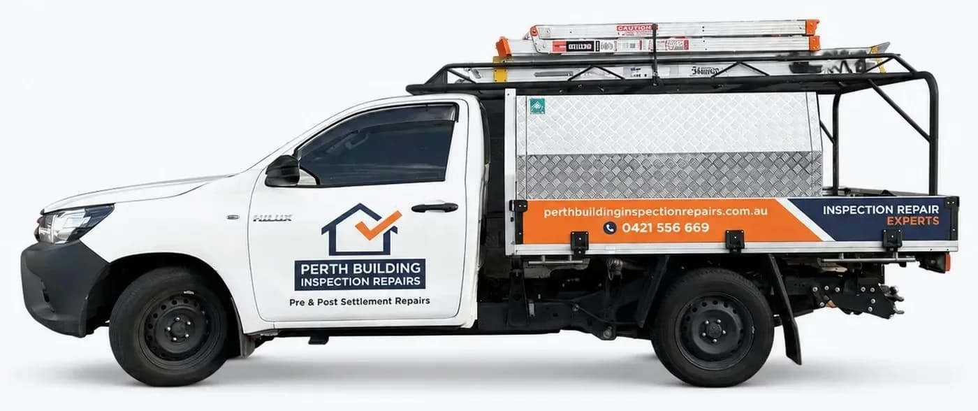 The Perth Building Inspection Repairs ute loaded with ladders and a site toolbox